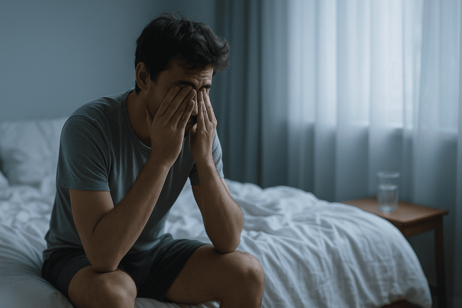 Homem sentado na beira da cama de manhã, exausto, esfregando os olhos após uma noite de sono ruim
