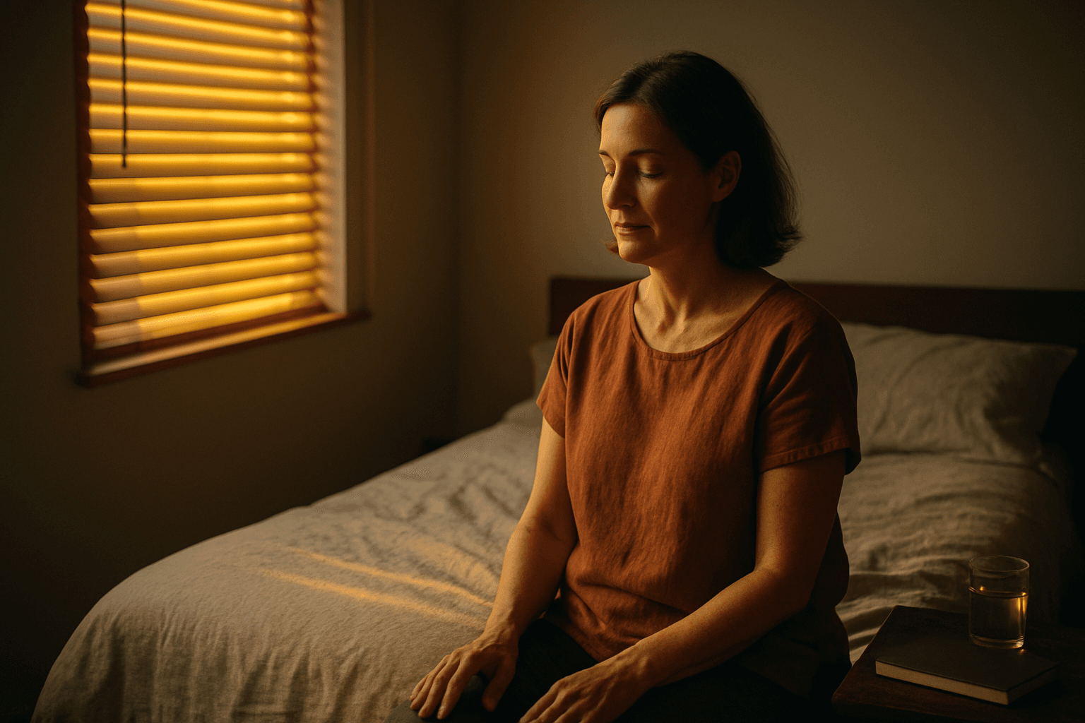 Mulher adulta sentada à beira da cama em quarto semi-escuro, com luz dourada de fim de tarde entrando pela persiana.