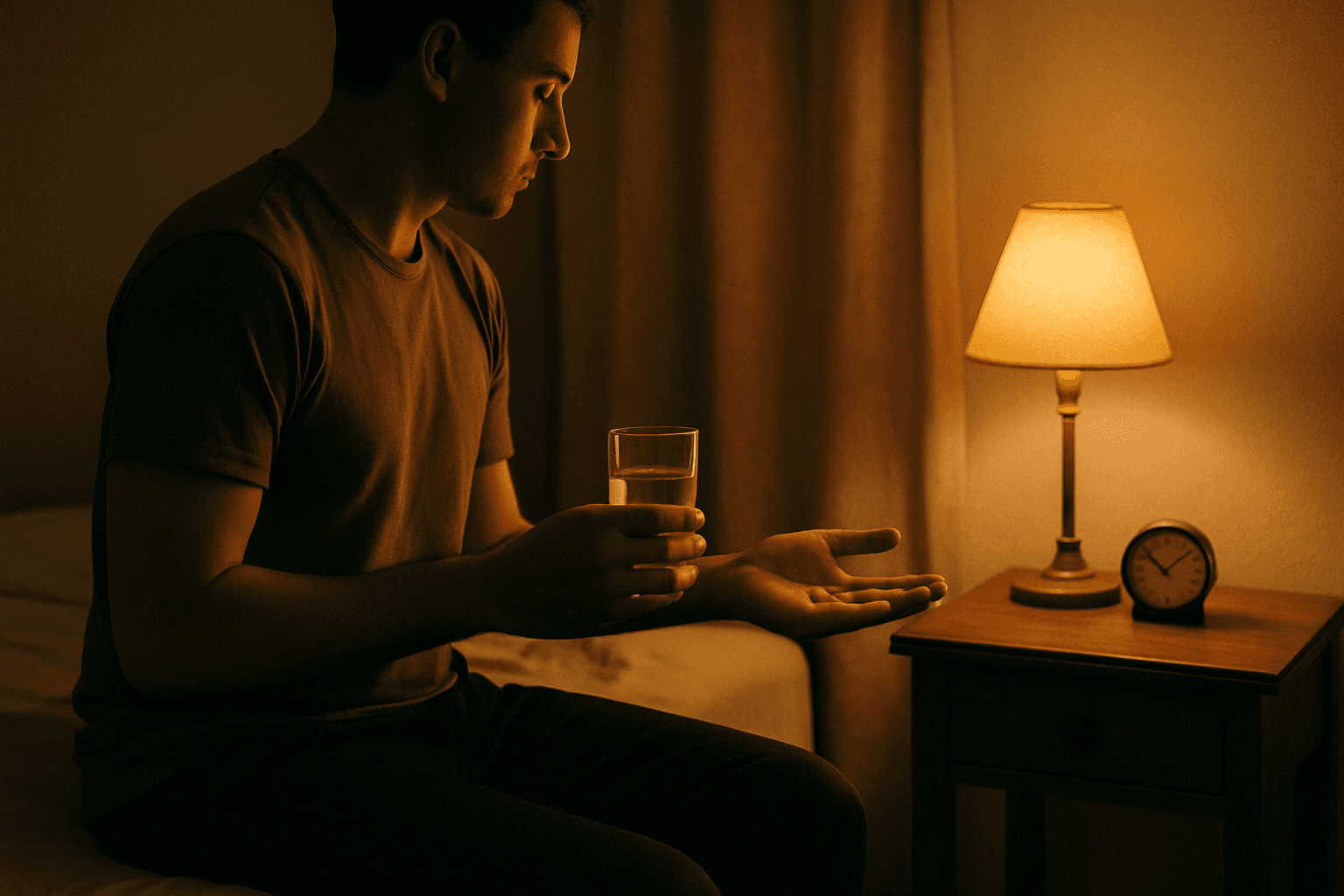 Pessoa adulta sentada à beira da cama com um comprimido na palma e copo d'água, sob luz âmbar de abajur em quarto escuro.