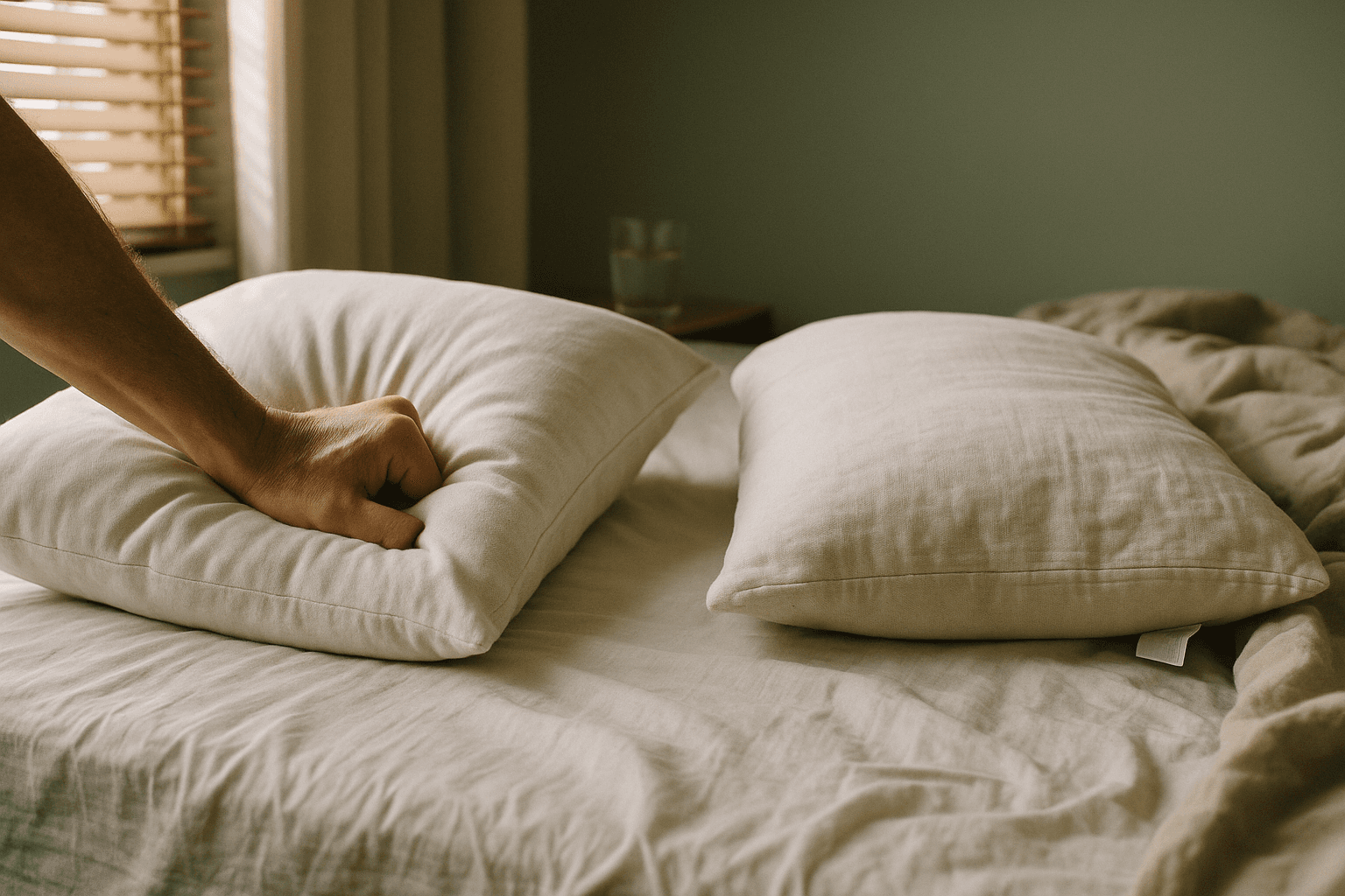 Mão pressionando dois travesseiros de alturas diferentes sobre cama desfeita, com luz de manhã em faixas pela persiana
