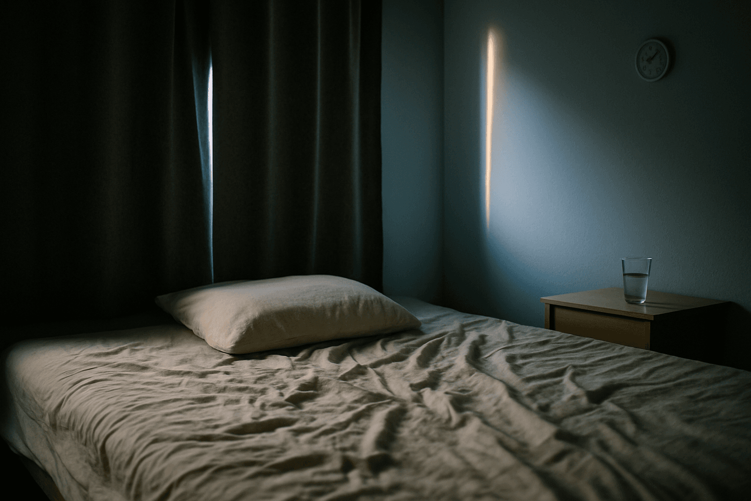 Cama desfeita em quarto escurecido por cortina blackout, com fio de luz matinal azulada escapando pela lateral da janela.