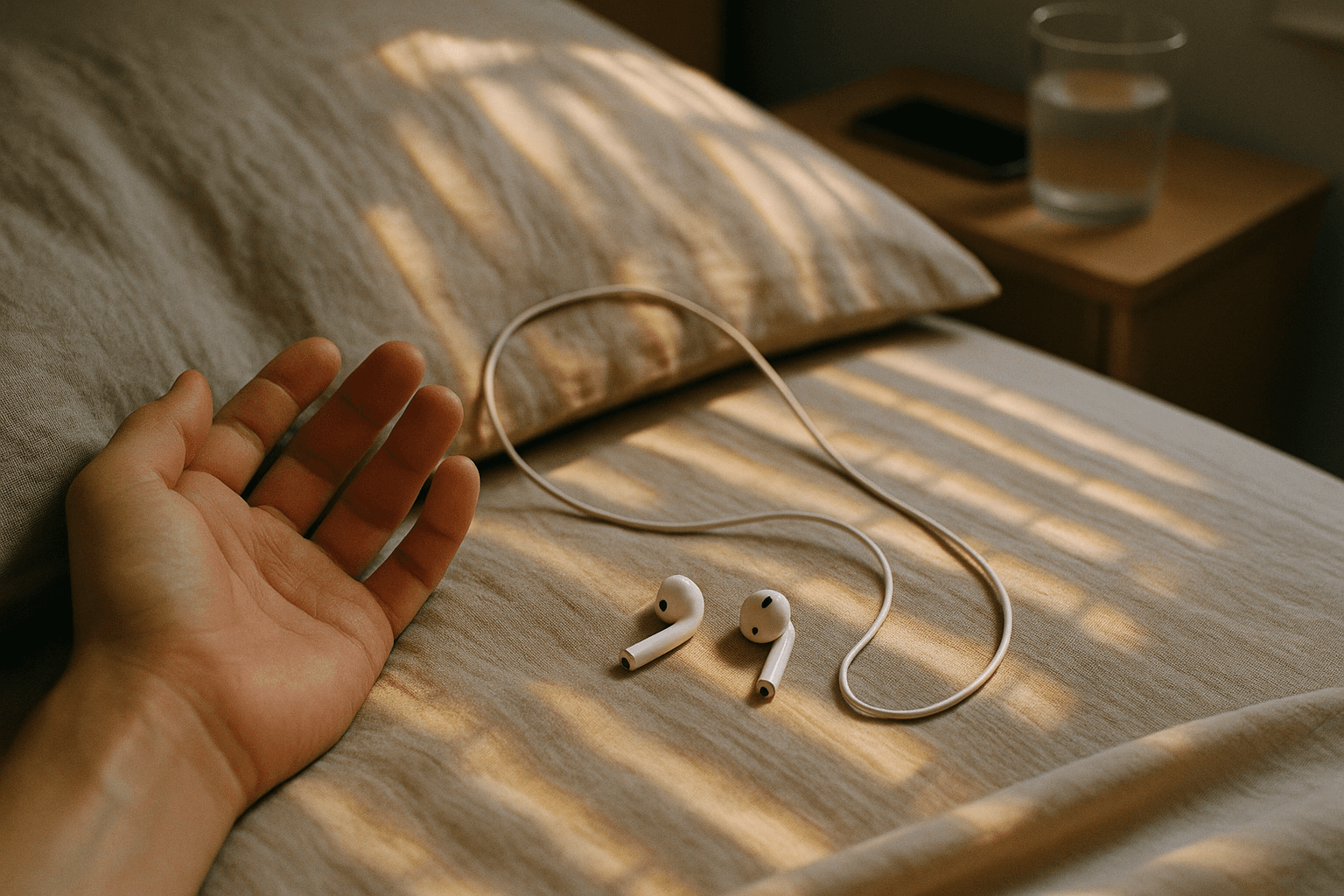 Earbuds pousados sobre travesseiro amassado com faixas de luz de tarde cruzando o lençol e mão relaxada ao lado.